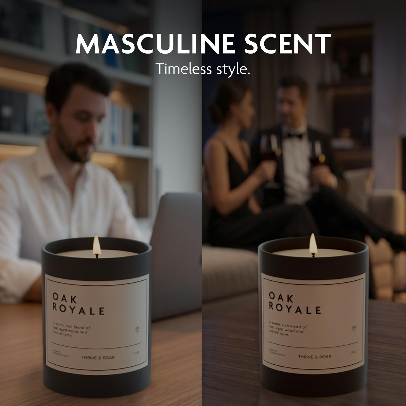 Thrive & Roar – Oak Royale Premium Scented Candle for Men – 7oz Long Lasti