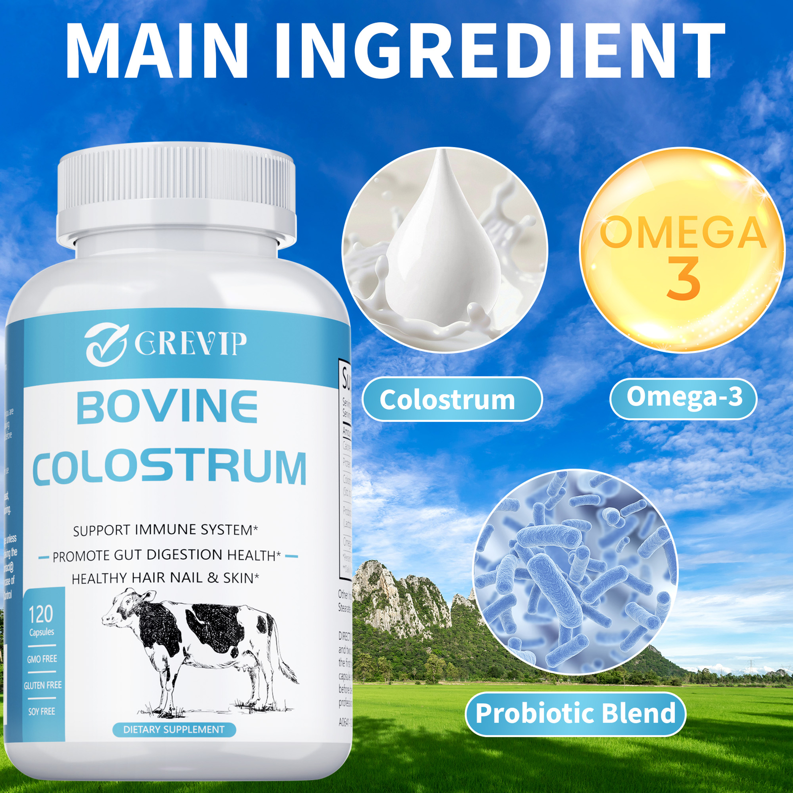 Bovine Colostrum 120pcs -Probiotic, Omega-3 -Immune Beauty Boost Support Non-GMO