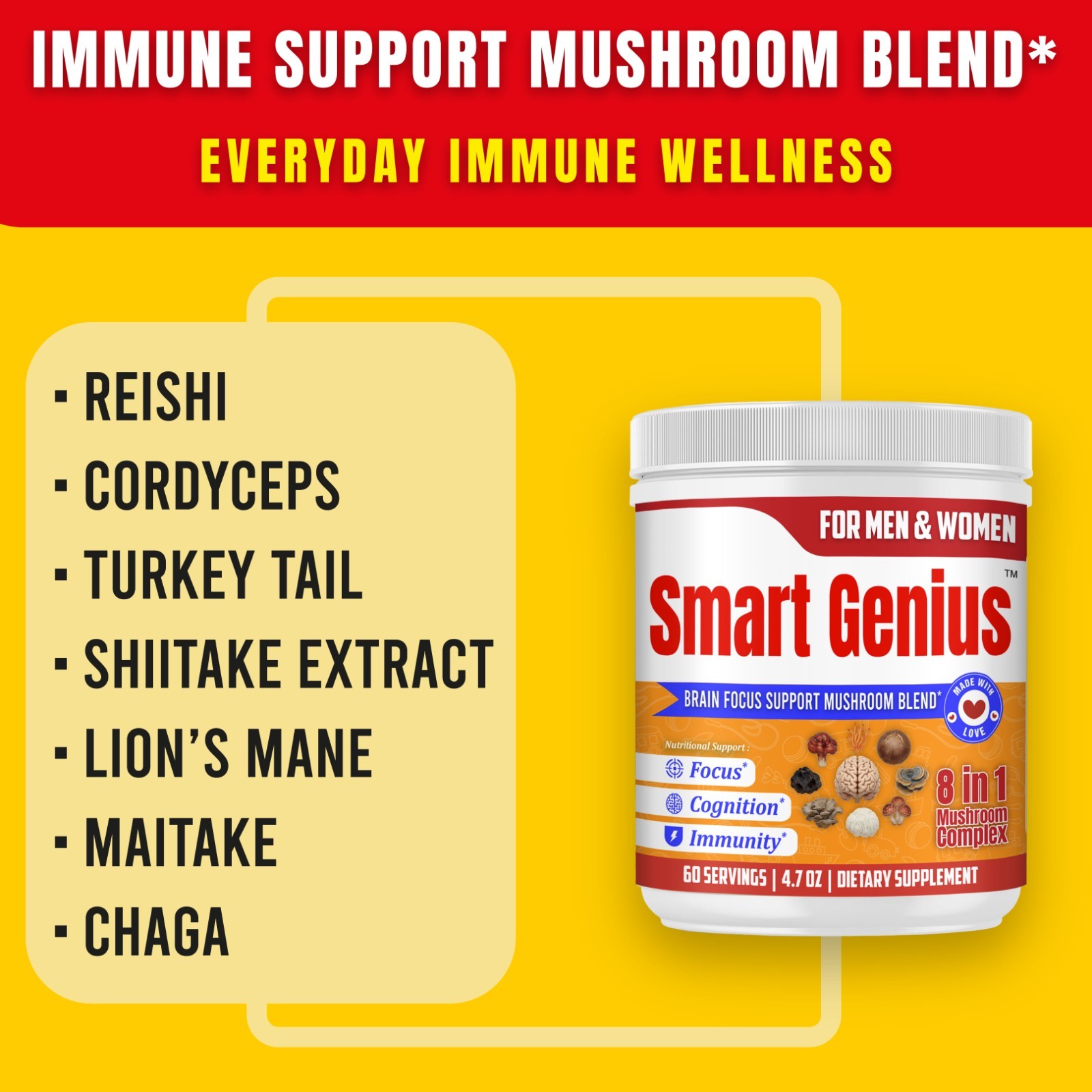 Mushroom Powder Blend for Focus Memory Cognitive Support Brain Formula 60Serving