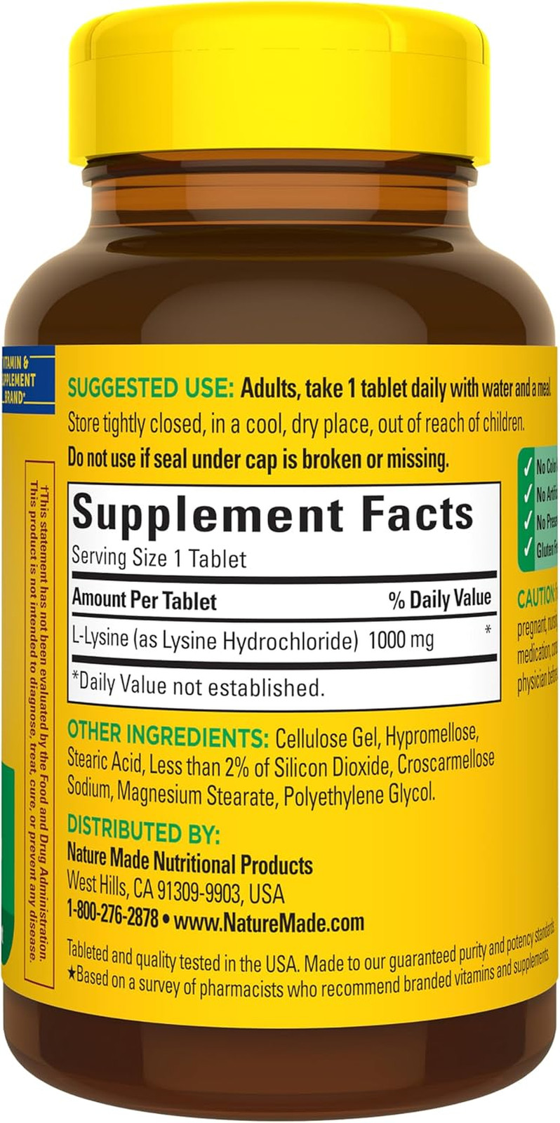 Nature Made L-Lysine 1000mg Extra Strength Protein Synthesis 60ct Pack of 3