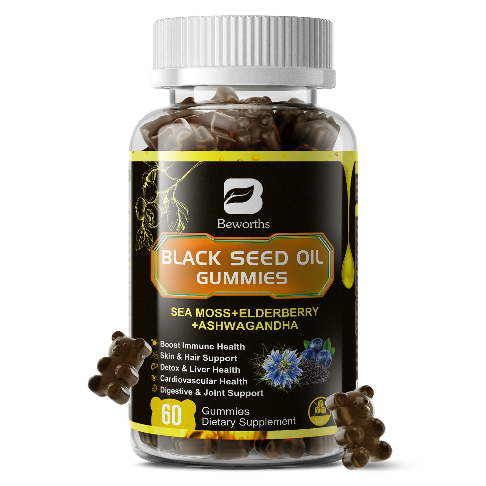 12-IN-1 Black Seed Oil Gummies Support Immunity, Joints, Digestion, Hair Growth