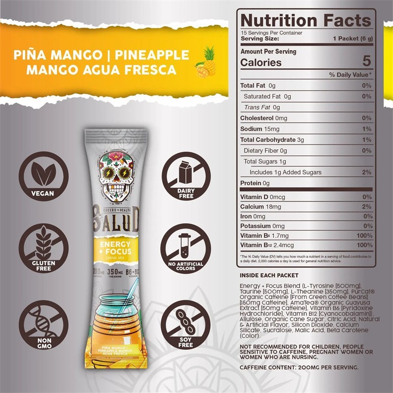 Salud 2-in-1 [Energy + Focus – Piña Mango] Clean Energy Drink Mix, Agua Fresca