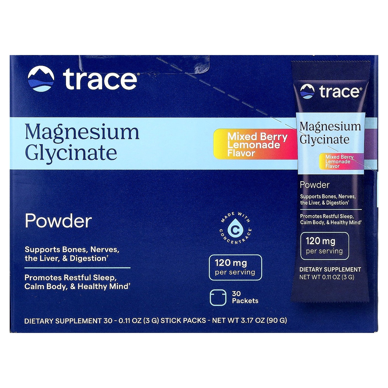 Magnesium Glycinate Powder, Mixed Berry Lemonade, 30 Packets, 0.11 oz (3 g) Each