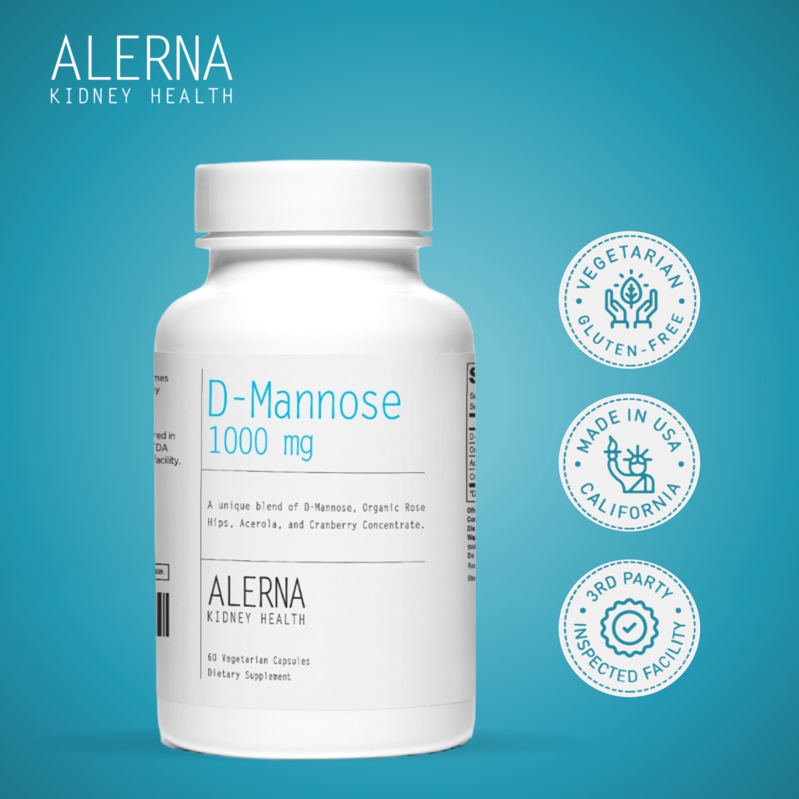 Alerna Kidney Health D-Mannose – 60 Caps, USA Made