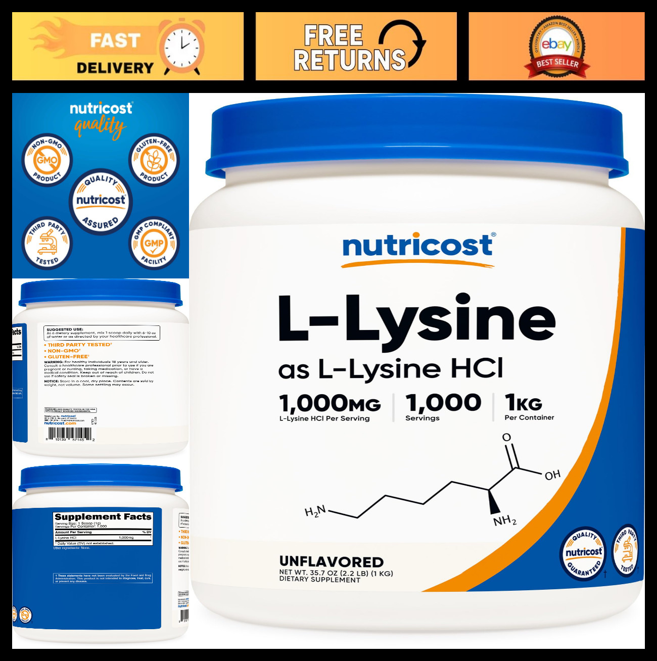 Pure L-Lysine Powder 1KG (2.2lbs) – Gluten-Free, Non-GMO, Amino Acid Supplement