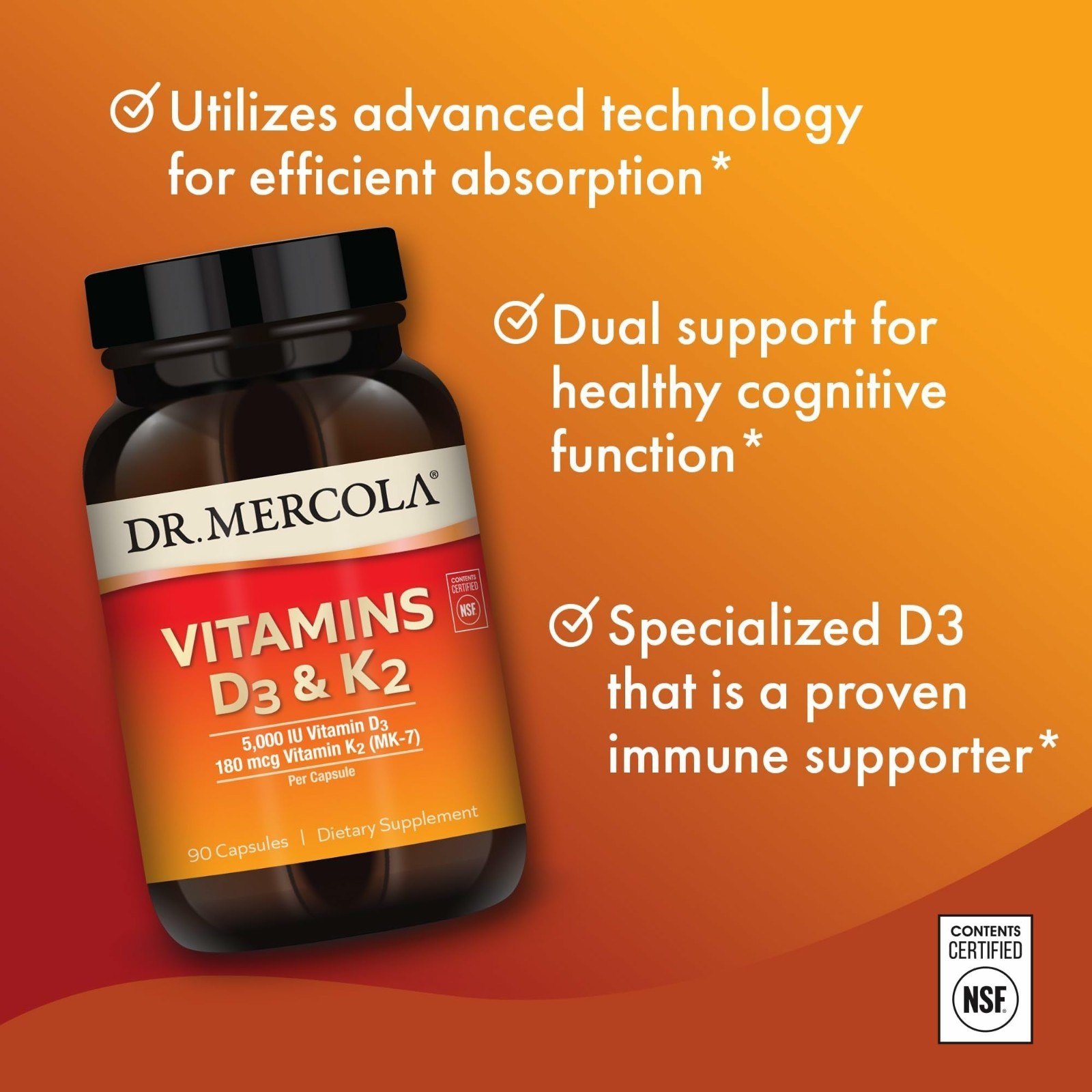 Vitamins D3 & K2 5000 IU – 90 Capsules for Immune, Brain, Heart & Bone Health –