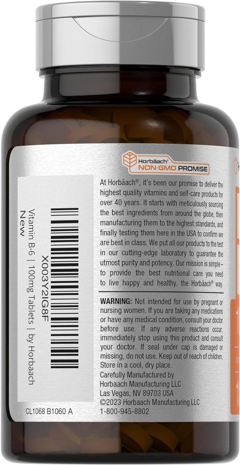 Horbaach Vitamin B-6 100Mg, 120 Vegetarian Tablets, Pyridoxine Hcl, Non-Gmo