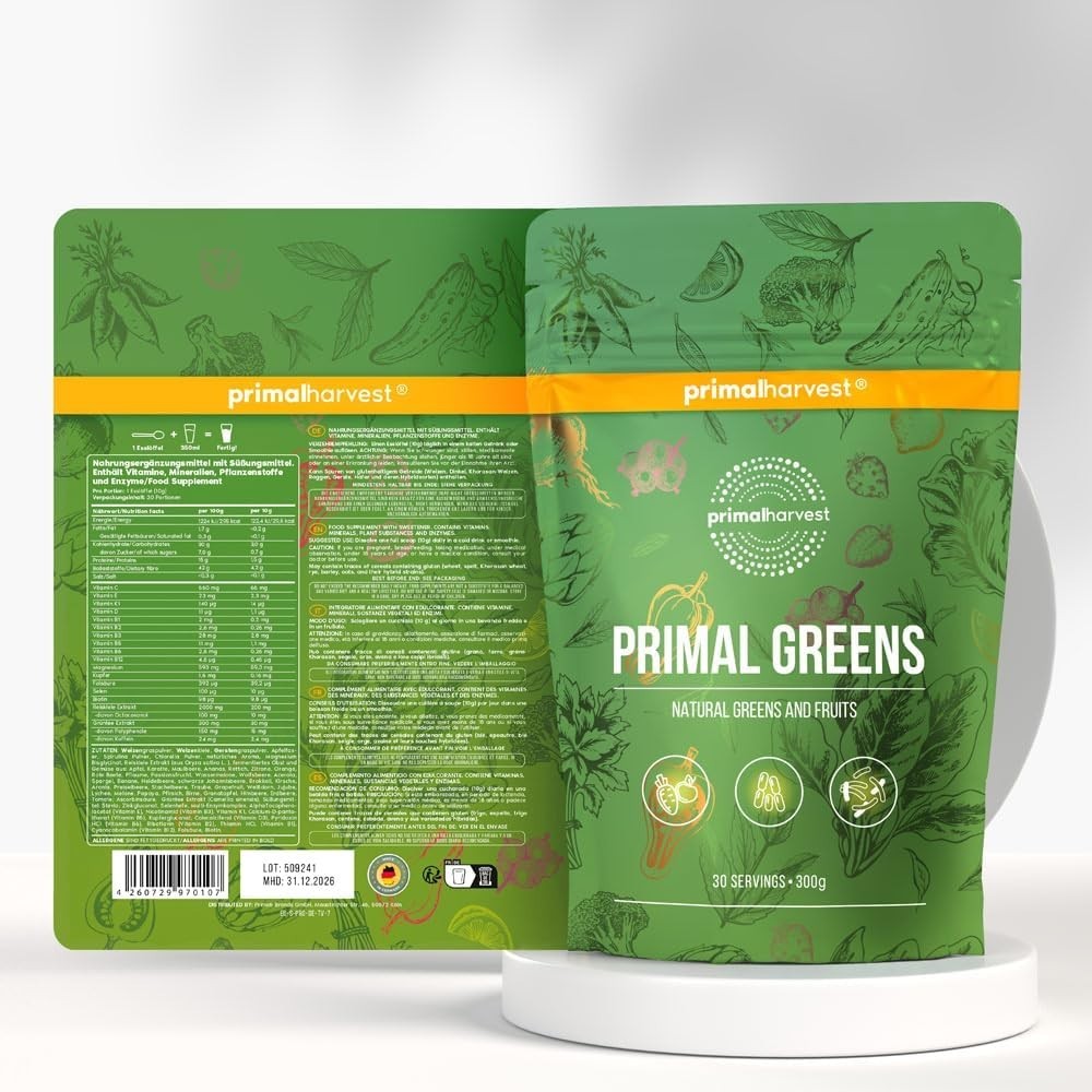 Primal Harvest Super Greens Powder, 30 Servings w/+50 Greens Superfood Chlorella