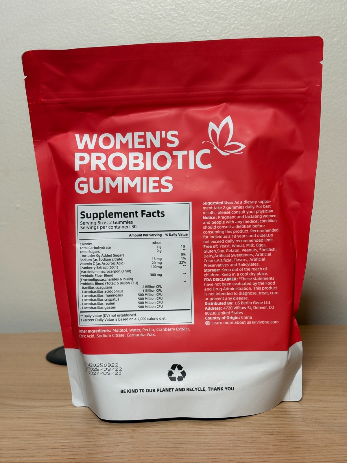 Cranberry Probiotic Gummies for Women 60 Count 5 Billion CFU Prebiotic Fiber