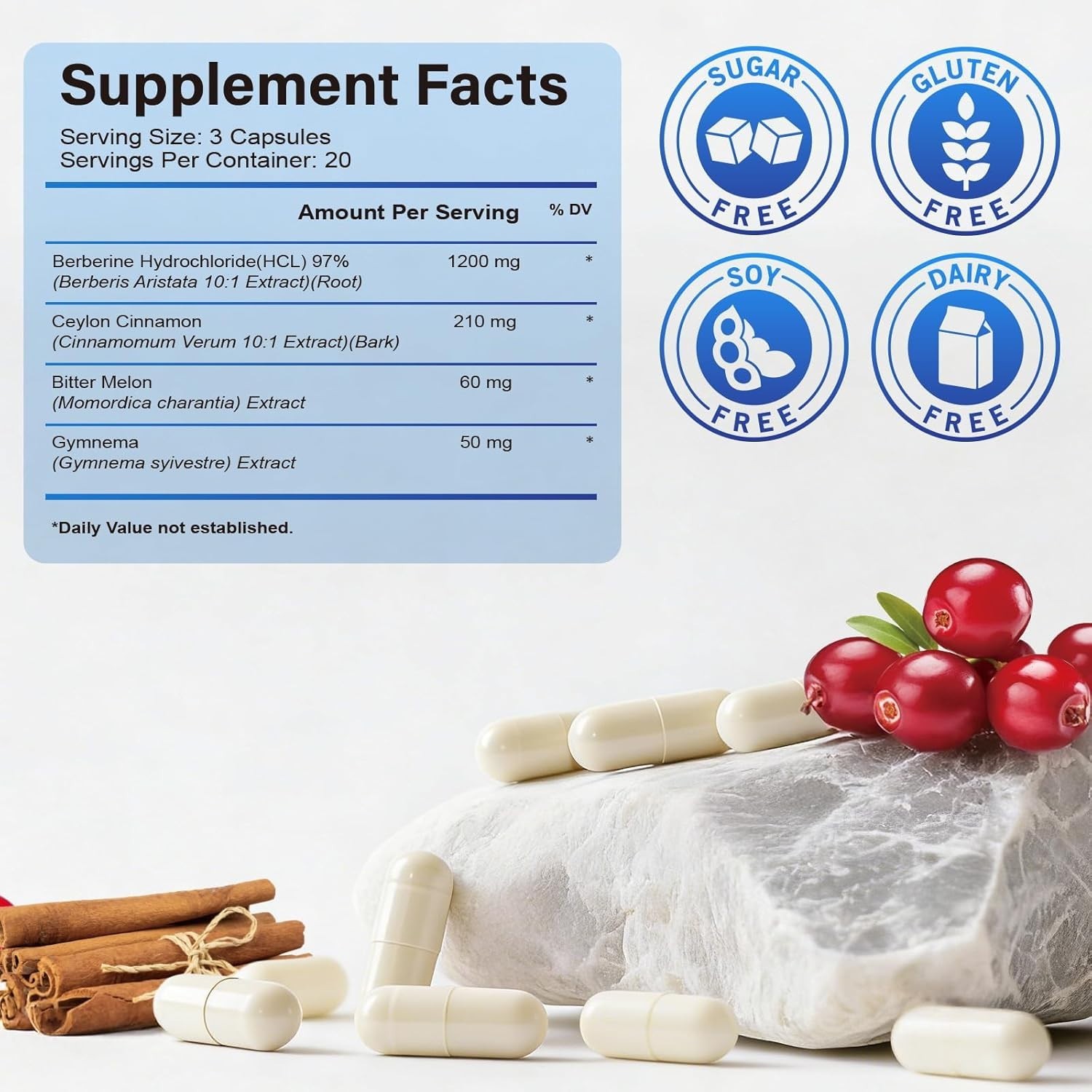Premium Berberine HCL with Ceylon Cinnamon 1200mg Capsules Supplement Support
