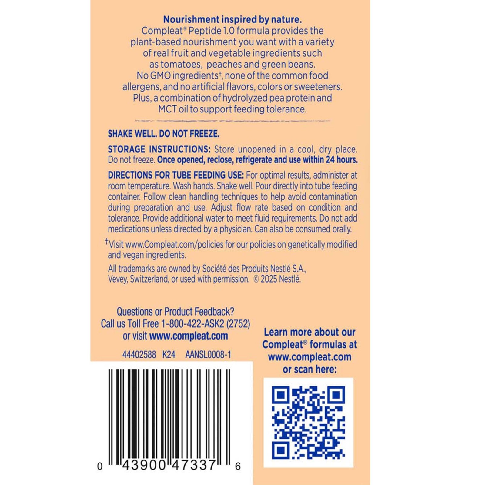 Nestle Compleat Peptide 1.0 Tube Feeding Formula Vegetable / Fruit Medley