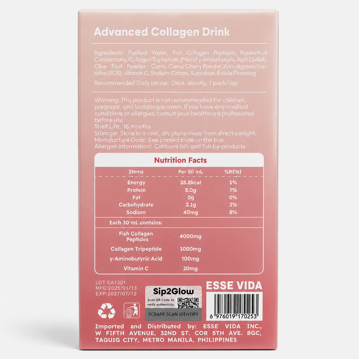 Sip2Glow Korean Collagen Drink 30mL x 7 Sachets Passionfruit