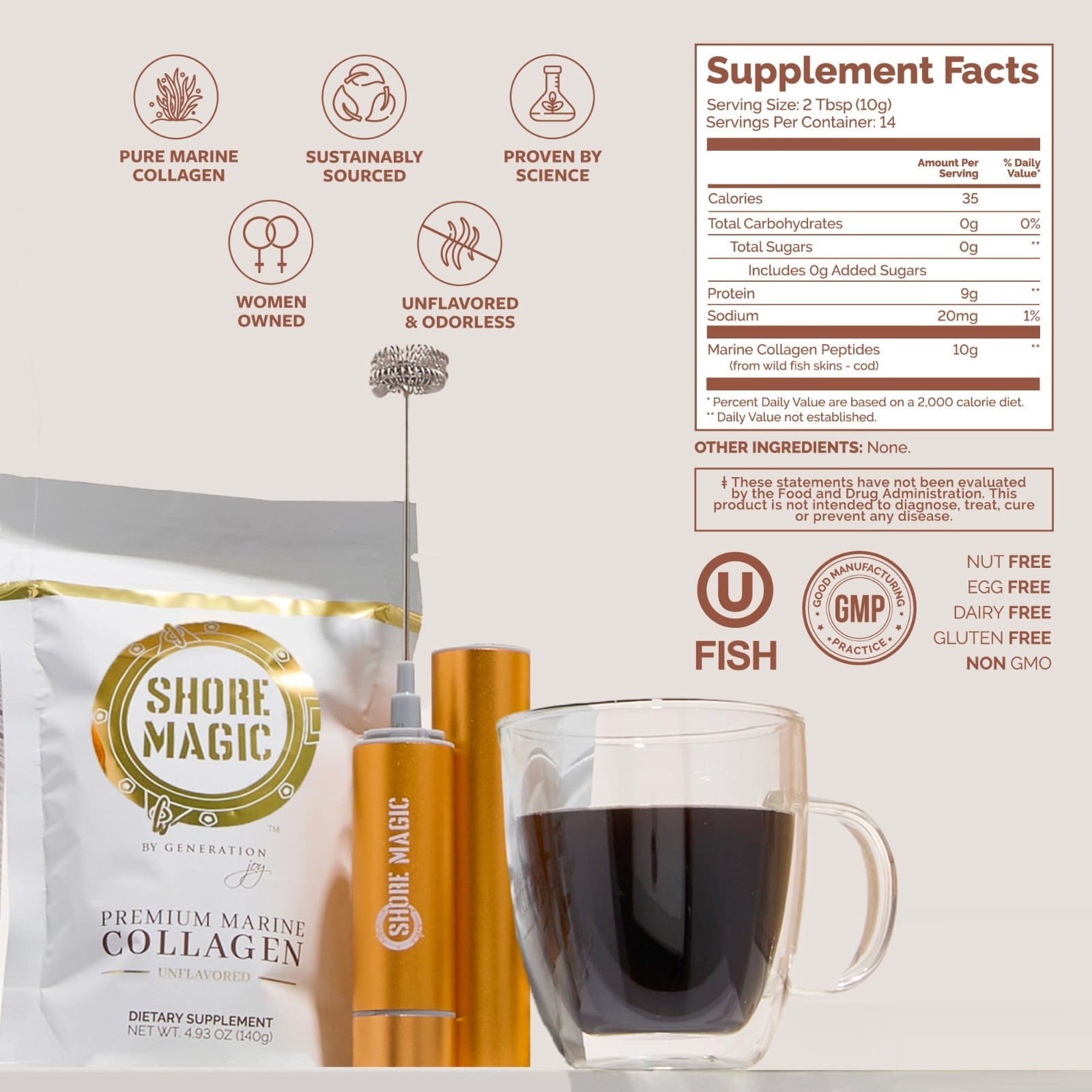 Premium Marine Collagen Powder, Unflavored, 14 Servings, Hydrolyzed Peptides, Su