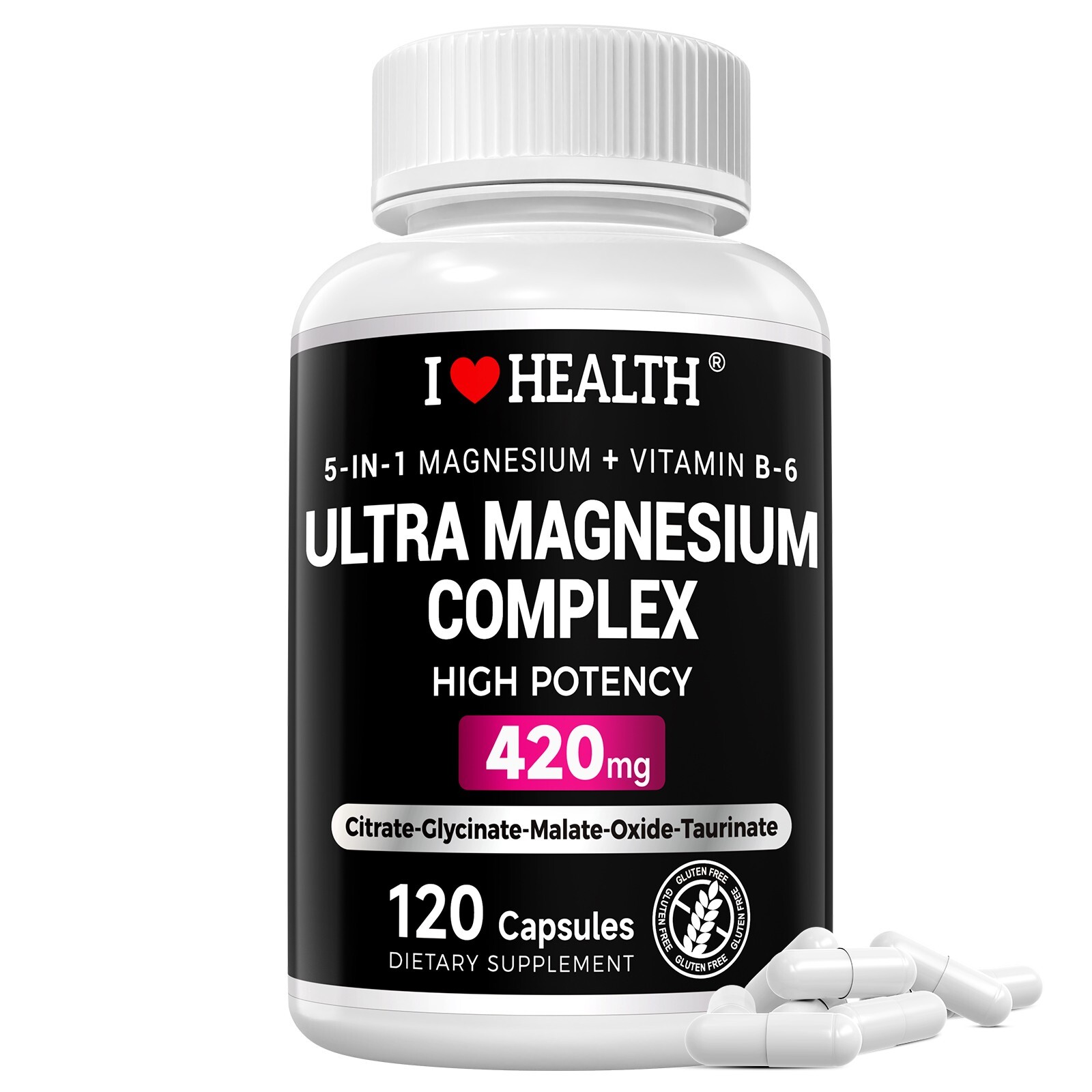 5-in-1 Magnesium Complex Supplement & Vitamin B-6,420mg,120 Veggie Capsules