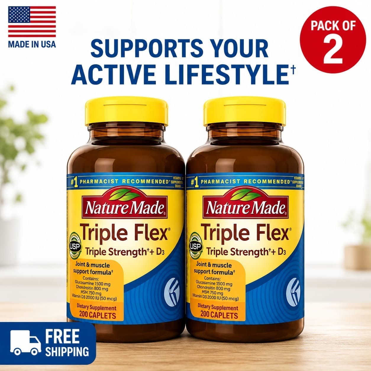 Nature Made Triple Flex Triple Strength 200 Caplets Joint Support Pack of 2