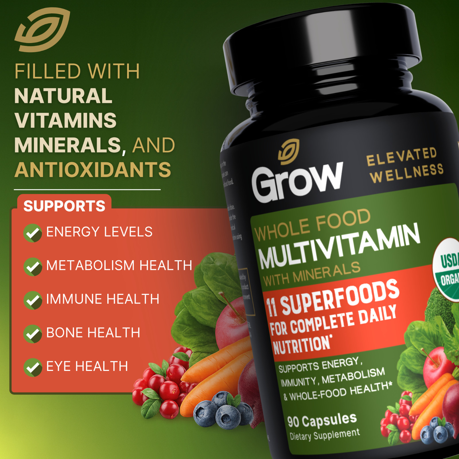 Dr. Berg Whole Food Multivitamin with Minerals, Daily for Men & Women, USDA 90CT