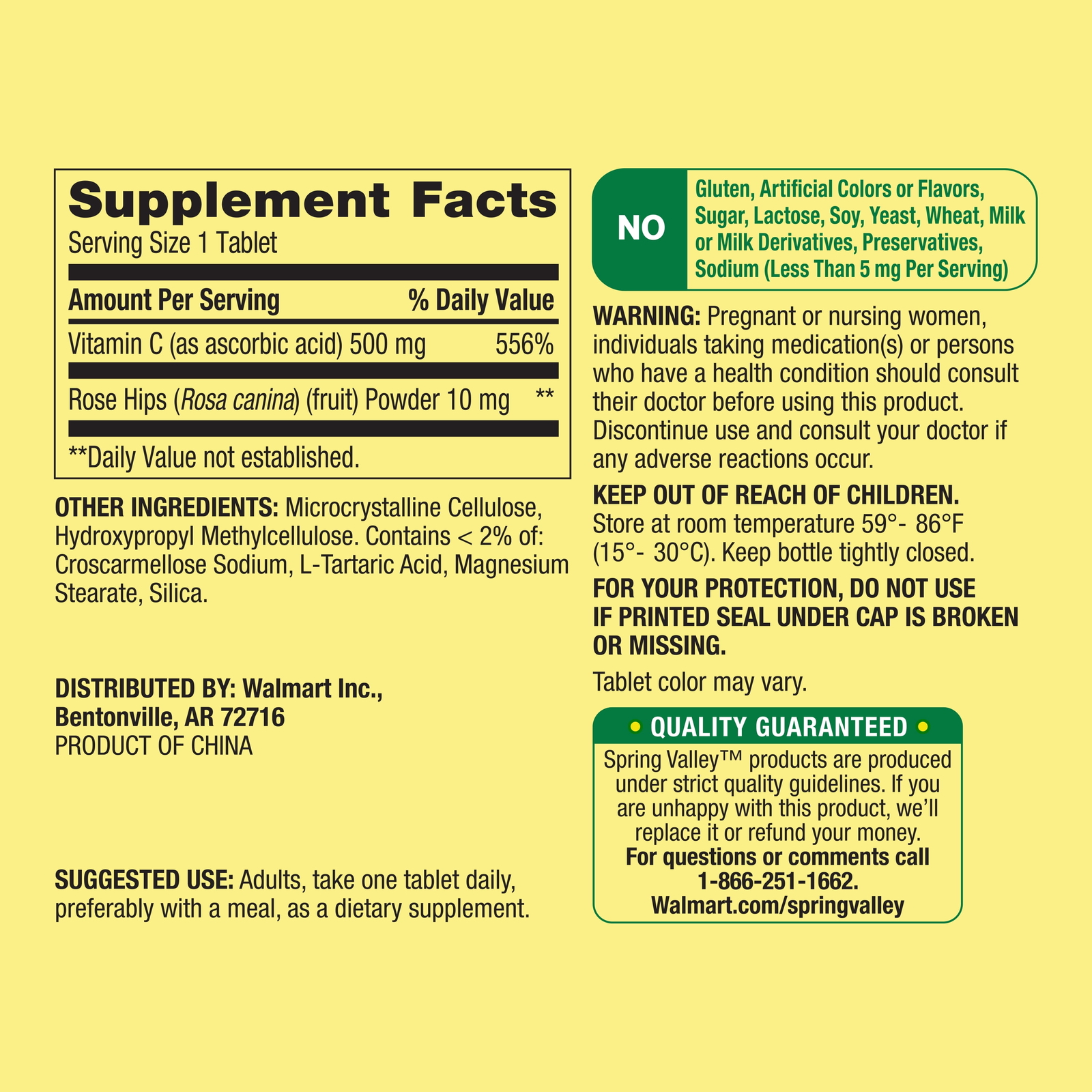 250 Count Spring Valley Vitamin C Supplement with Rose Hips Tablets, 500 mg
