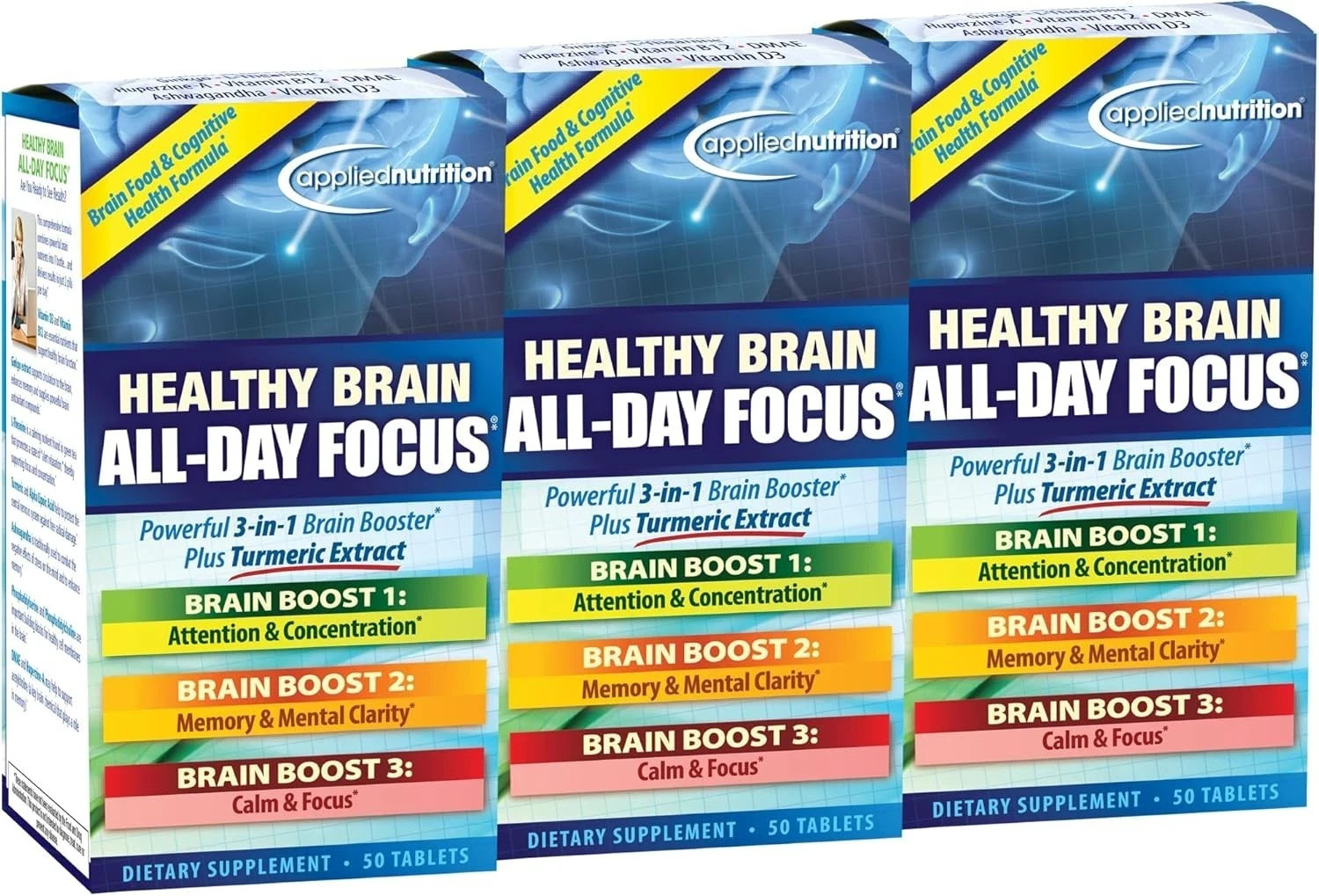 Applied Nutrition Healthy Brain All-Day Focus 50 Tabs Each (Pack of 3)