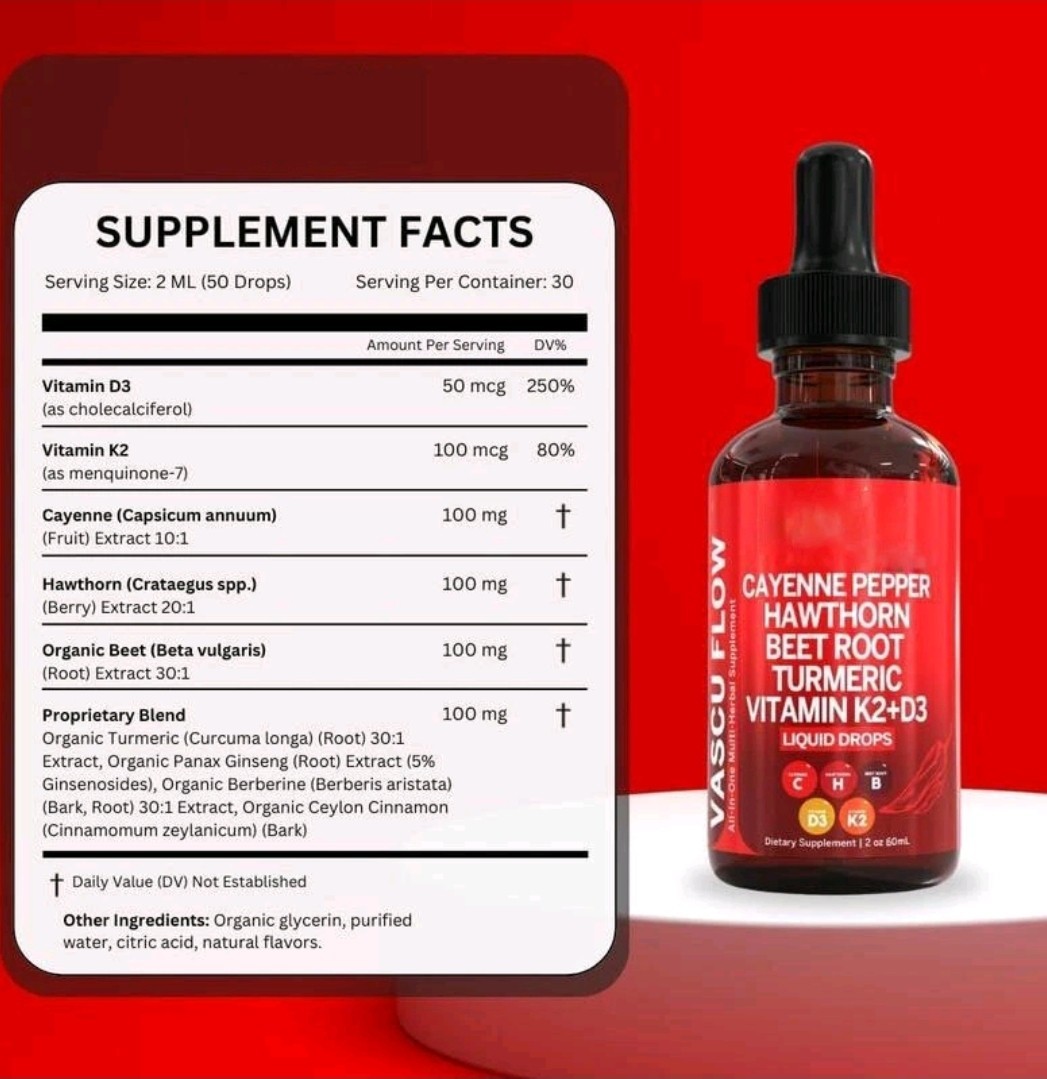 Vascu Flow Drops – 2 Pack | Cayenne, Hawthorn, Beet Root Turmeric Vitamin K2+D3