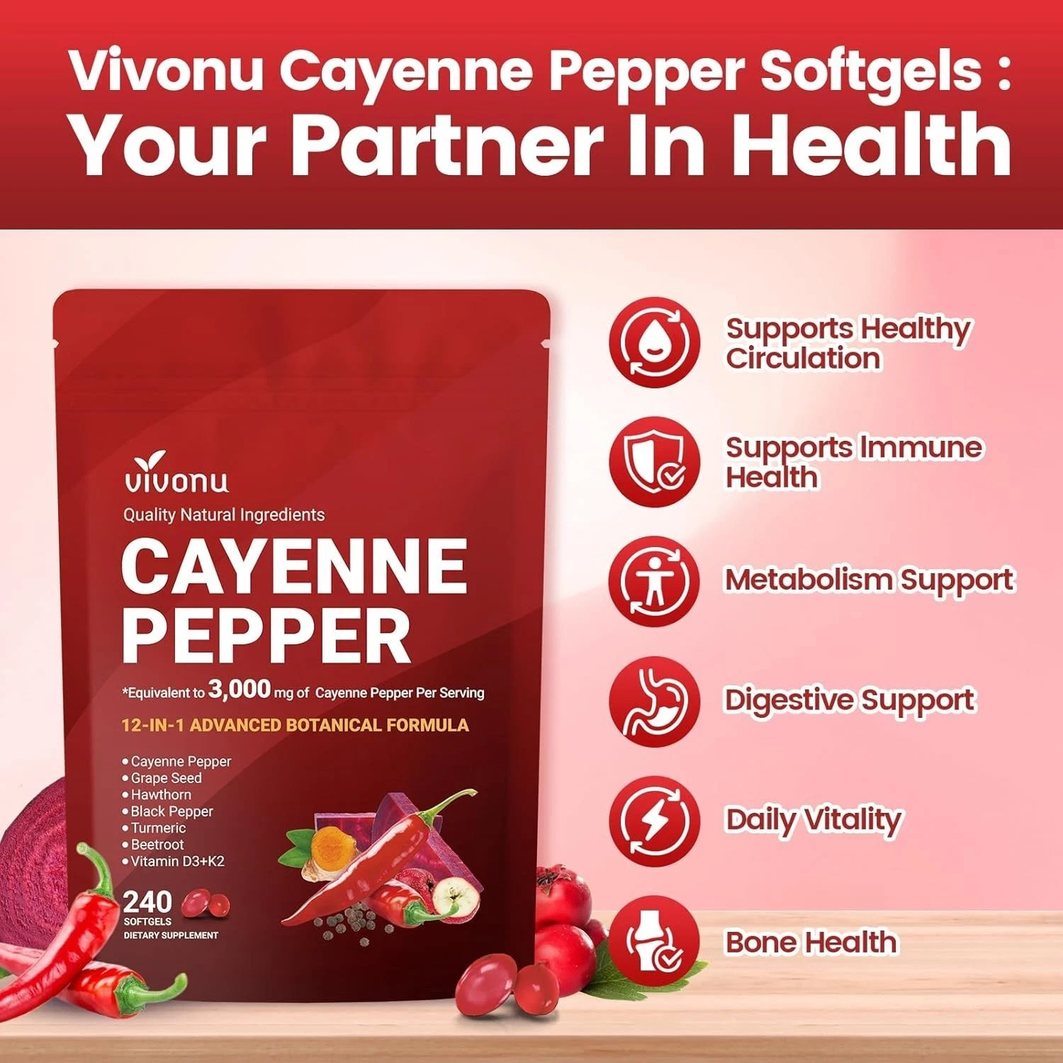 VivoNu Cayenne Pepper 240 Softgels Dietary Supplement suitable for Vitality Supp