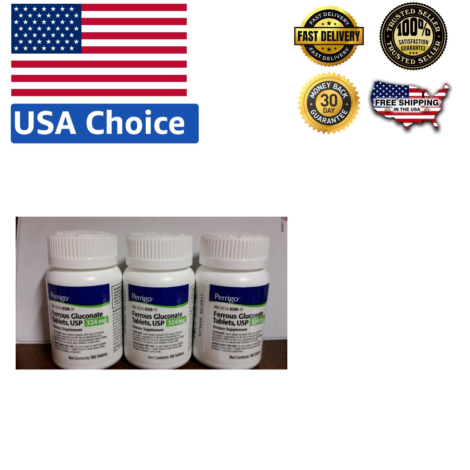 Safe & Effective 324mg Ferrous Gluconate Tablets, 100 Count, 3-Pack – All Ages