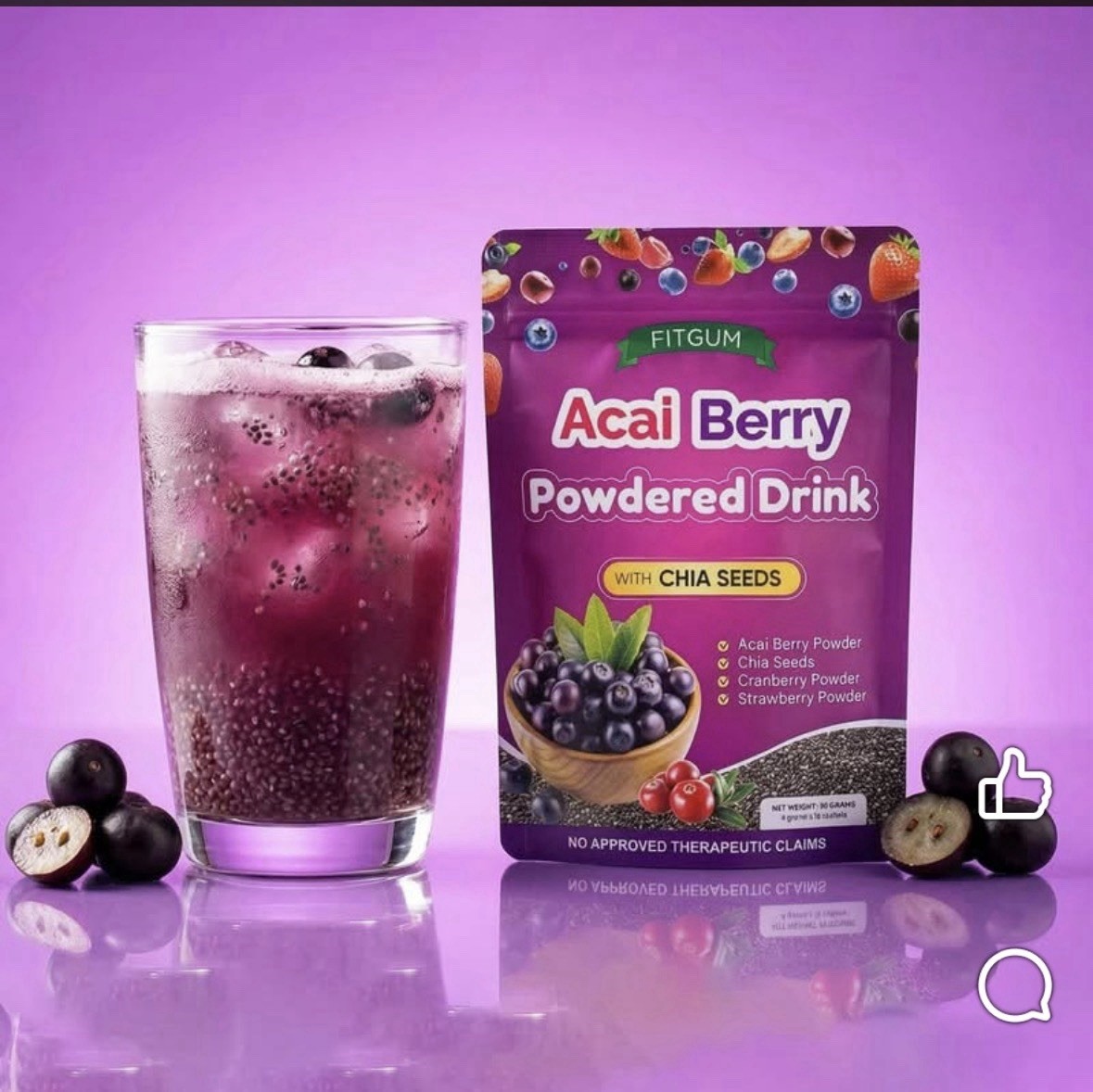 FITGUM Acai Berry Drink Powder with Chia Seeds 10 Sachets Daily Beverage