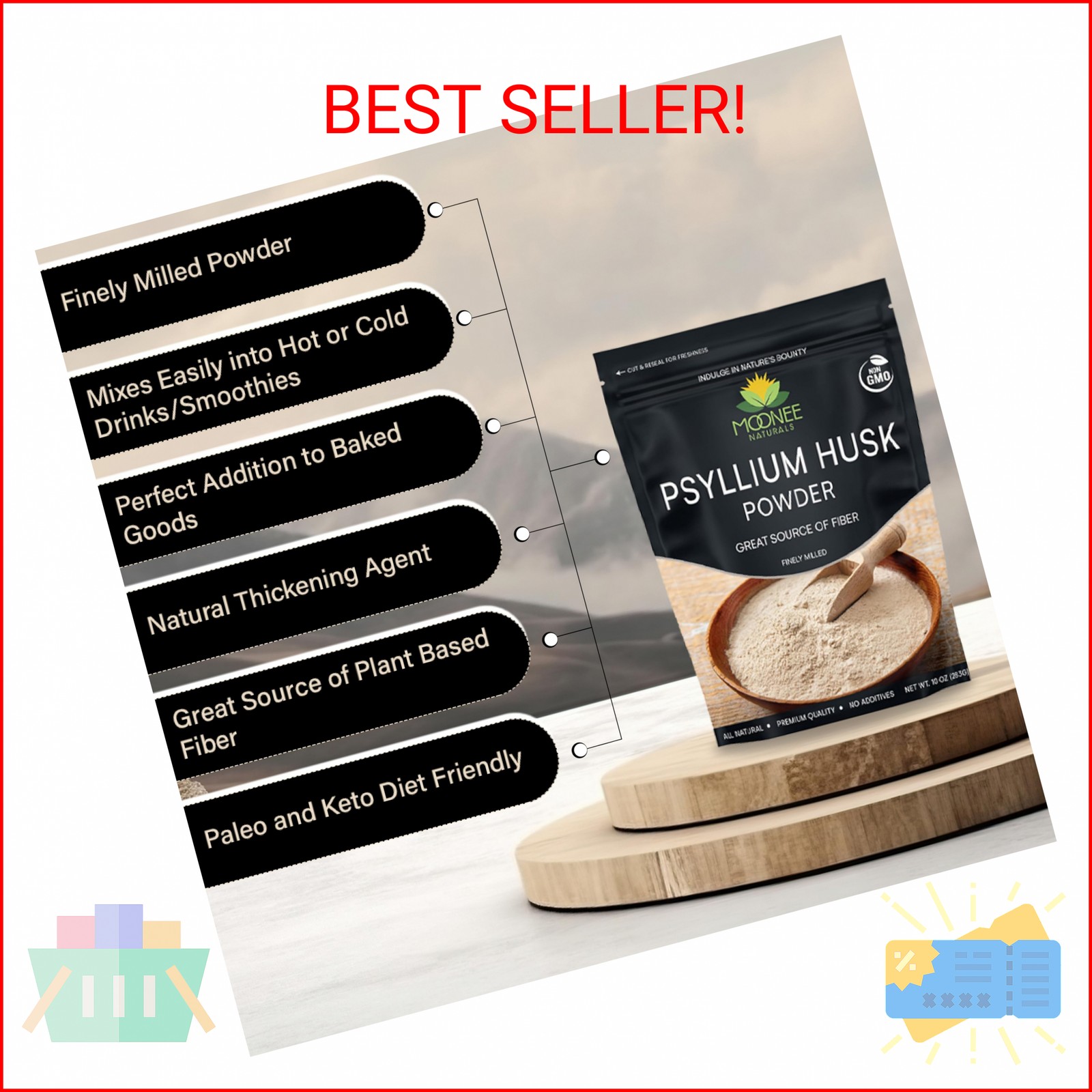 Moonee Naturals Psyllium Husk Powder (10 OZ), Gluten Free, Non GMO, Finely Groun