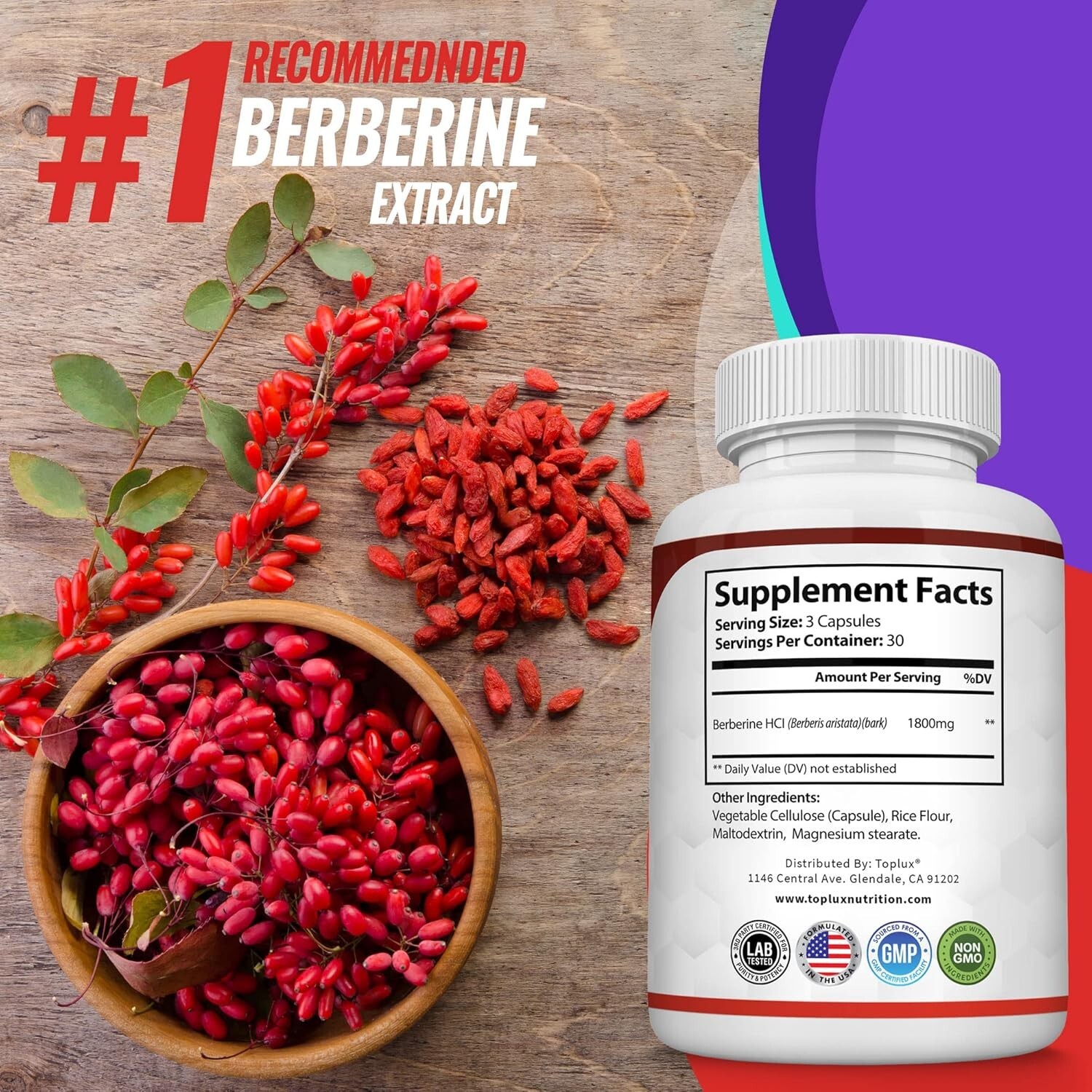 Berberine HCl 1800 MG Premium 90 CAPSULES- (Non-GMO, Gluten Free Vegetarian)