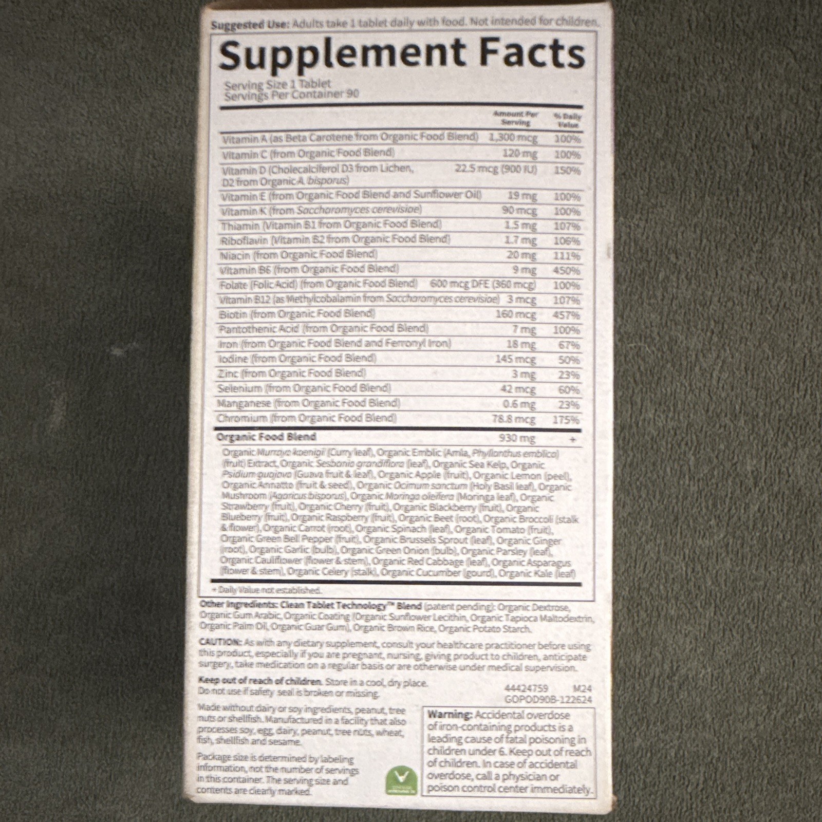 Garden of Life mykind Organics Prenatal Once Daily USDA Organic Non-GMO Vegan 90