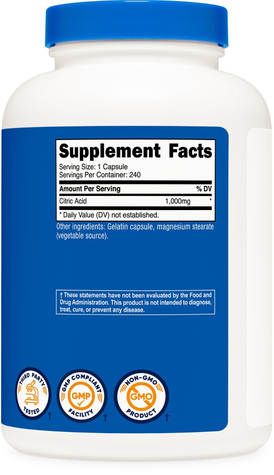 Nutricost Citric Acid 1000mg (1 Gram), 240 Capsules – Gluten Free, Non-GMO