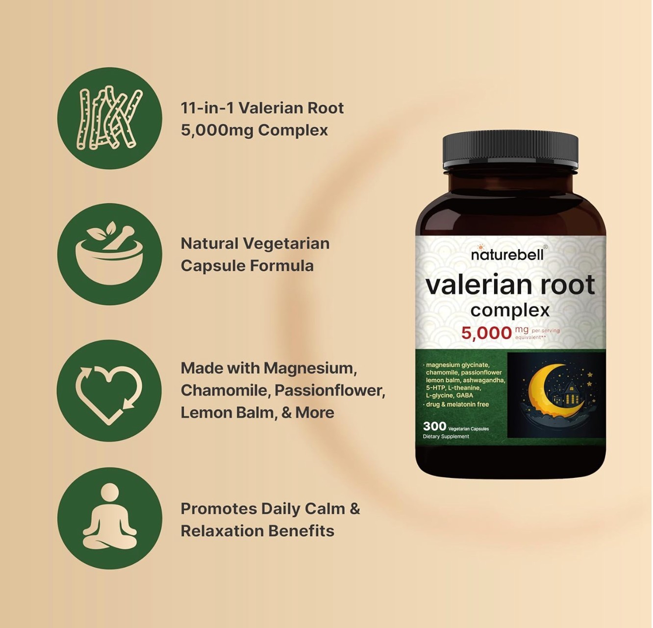 Valerian Root Capsules 5000mg | 300 Count | Non-GMO-Gluten Free | Melatonin Free