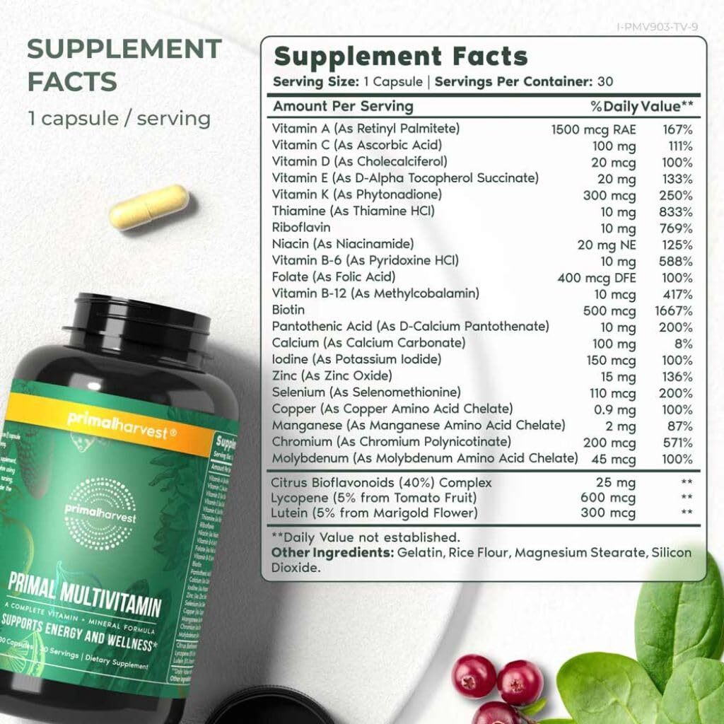 Primal Harvest Multivitamin 1 Pack: 30 Count Supplements for Men’s & Women’s Hea