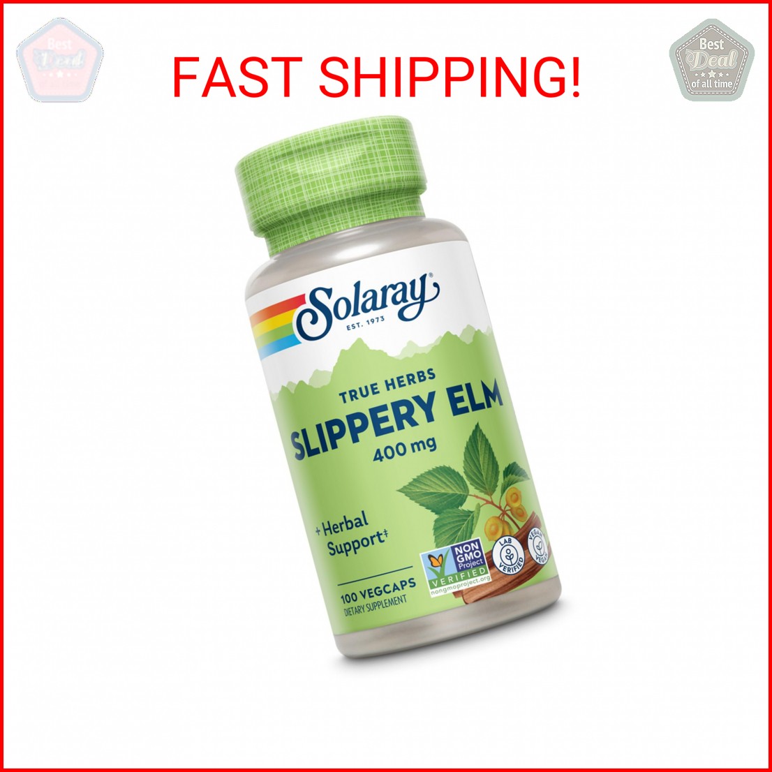 SOLARAY Slippery Elm Bark Capsules (Ulmus Rubra) 400 mg – Soothing Herbal Suppor