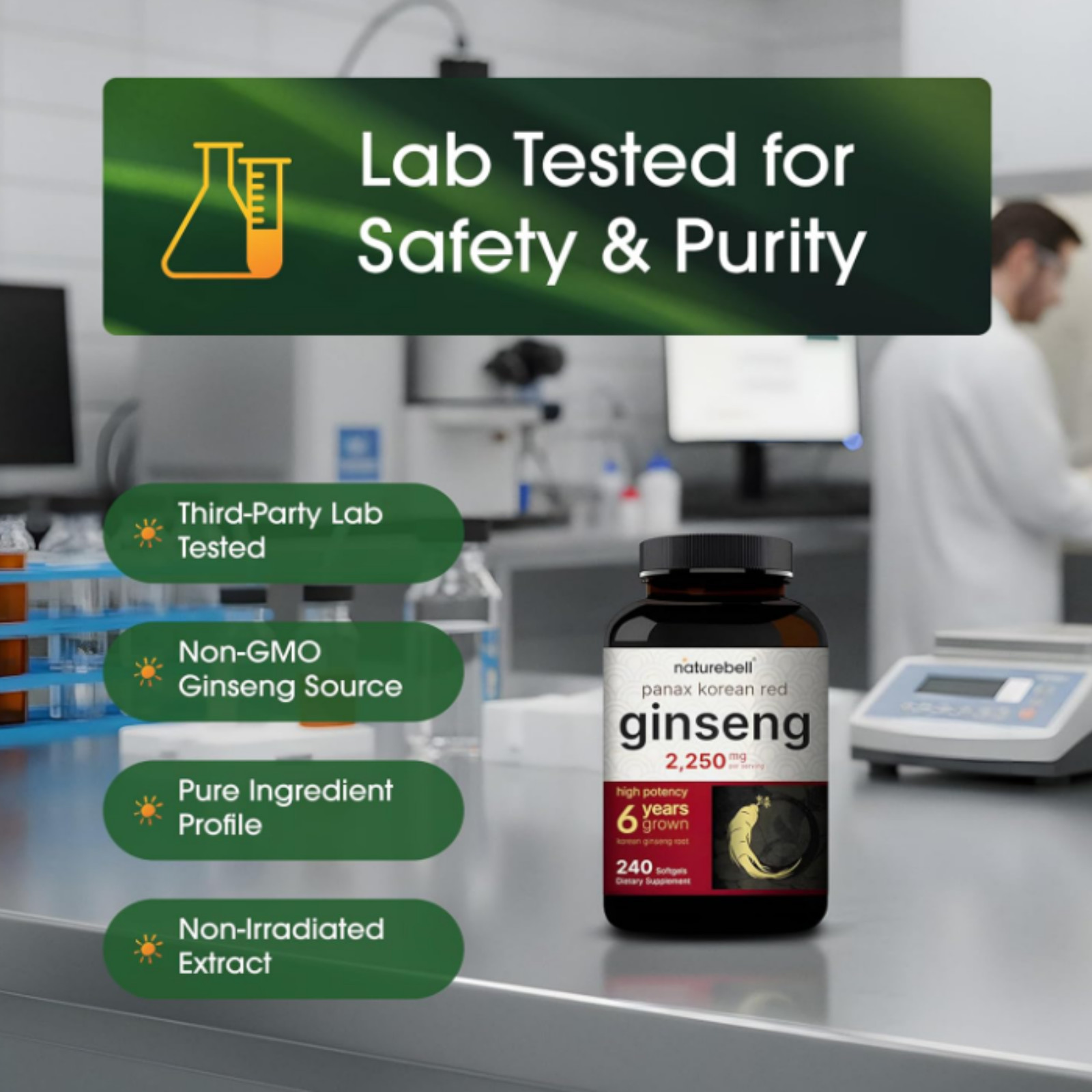 Panax rojo coreano Ginseng 2250mg para energía, rendimiento y enfoque mental