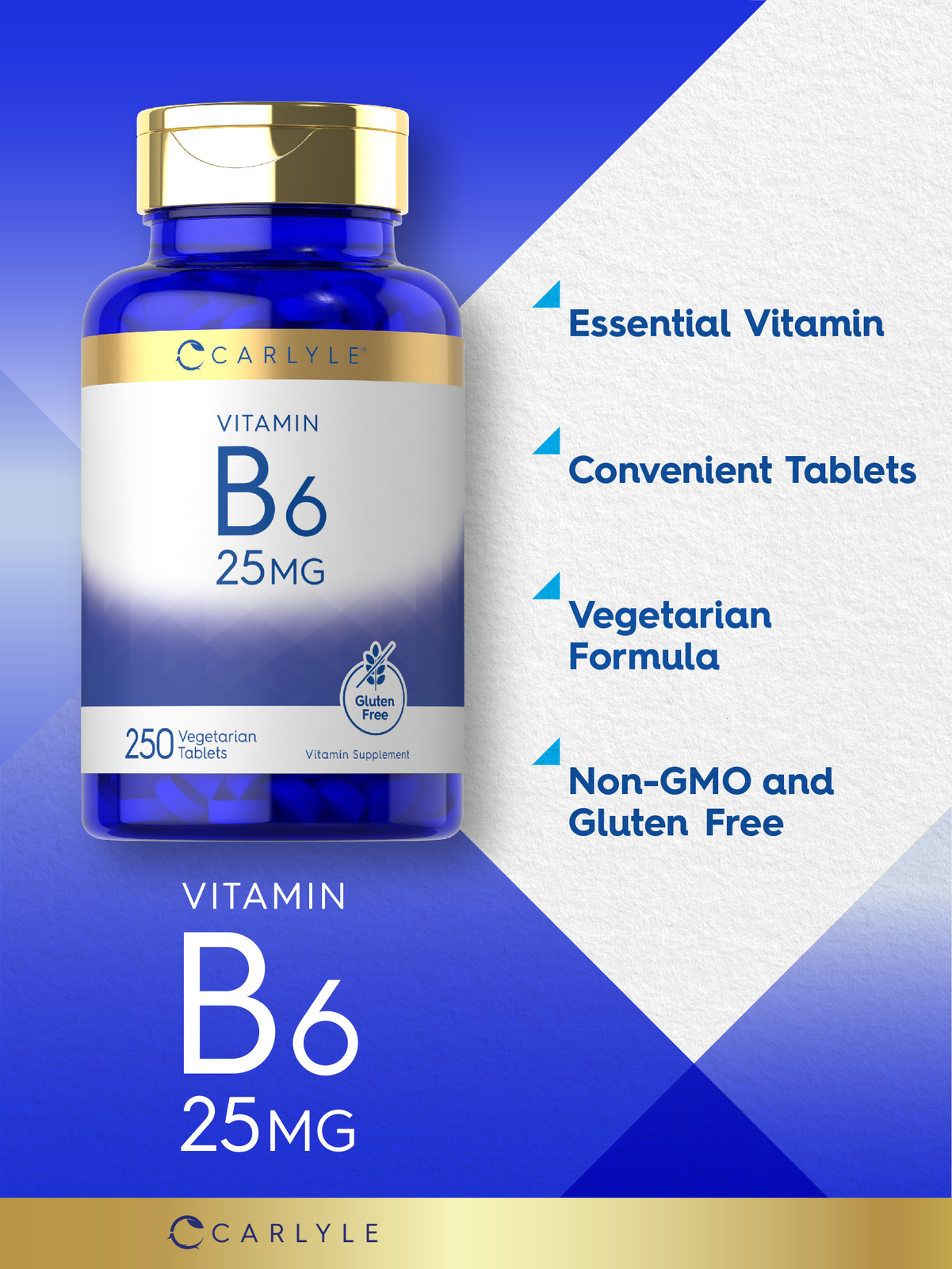 Vitamin B6 25 mg | 250 Tablets | Vegetarian, Non-GMO & Gluten Free | by Carlyle