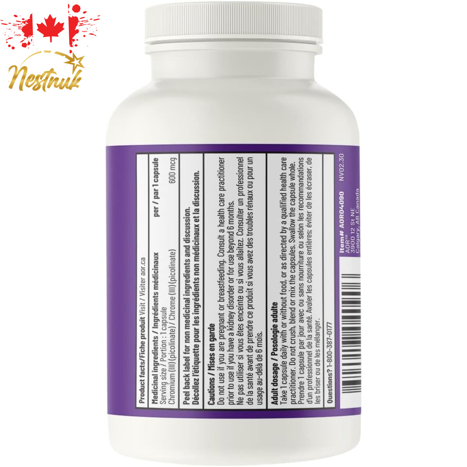 AOR Chromium Picolinate 600mcg 90 Capsules – Trace Mineral Support – Canada