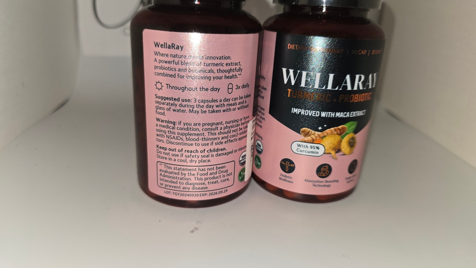 Exp 09/26 2 Pack WellaRay Turmeric Probiotic Maca Extract 95% Curcumin 90 Ct