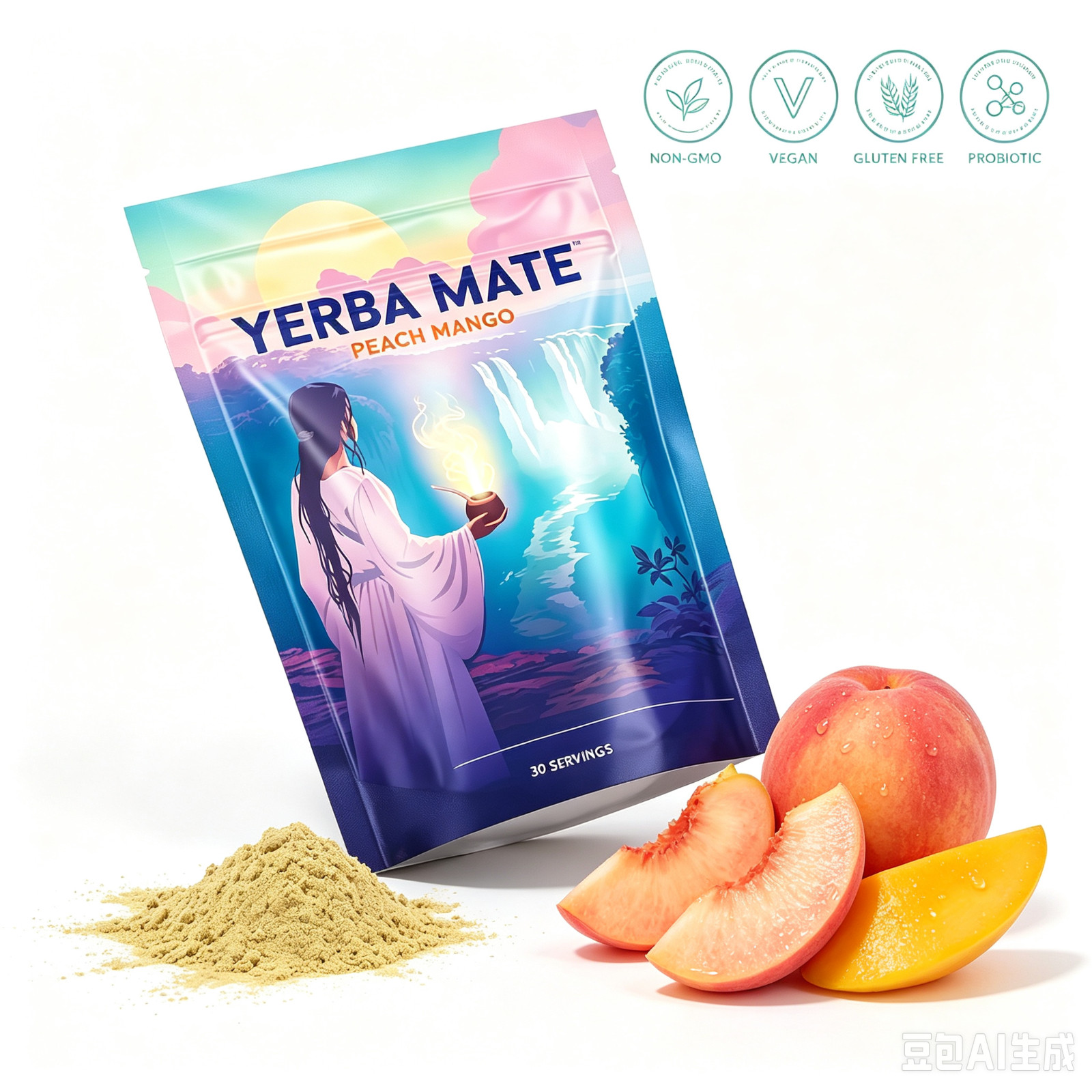 Pure Yerba Mate Instant Powder Peach Mango Gut Probiotic 30 Servings