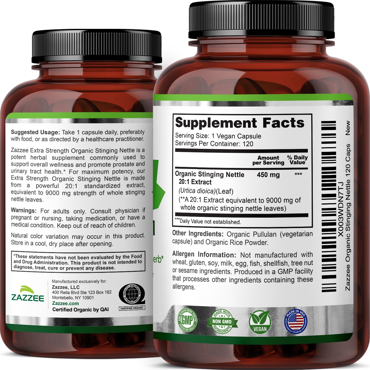 USDA Organic Stinging Nettle 20:1 Extract, 9000 mg Strength, 120 Vegan Capsules
