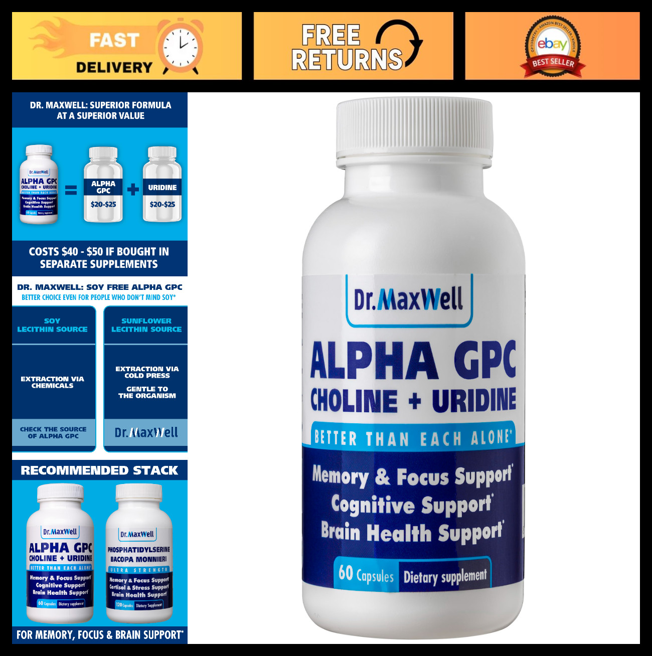 Alpha GPC 600mg + Uridine Choline Enhancer – Soy Free, No Fillers, 60 Pills