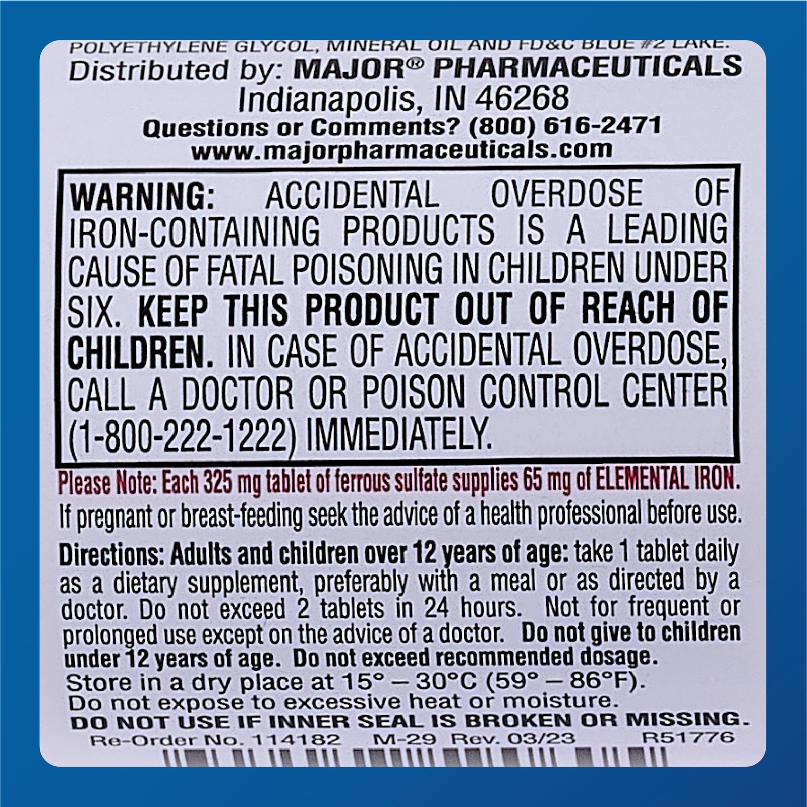 Major Ferosul Iron Supplement 325mg Ferrous Sulfate 100 Tablets 65mg Elementa…