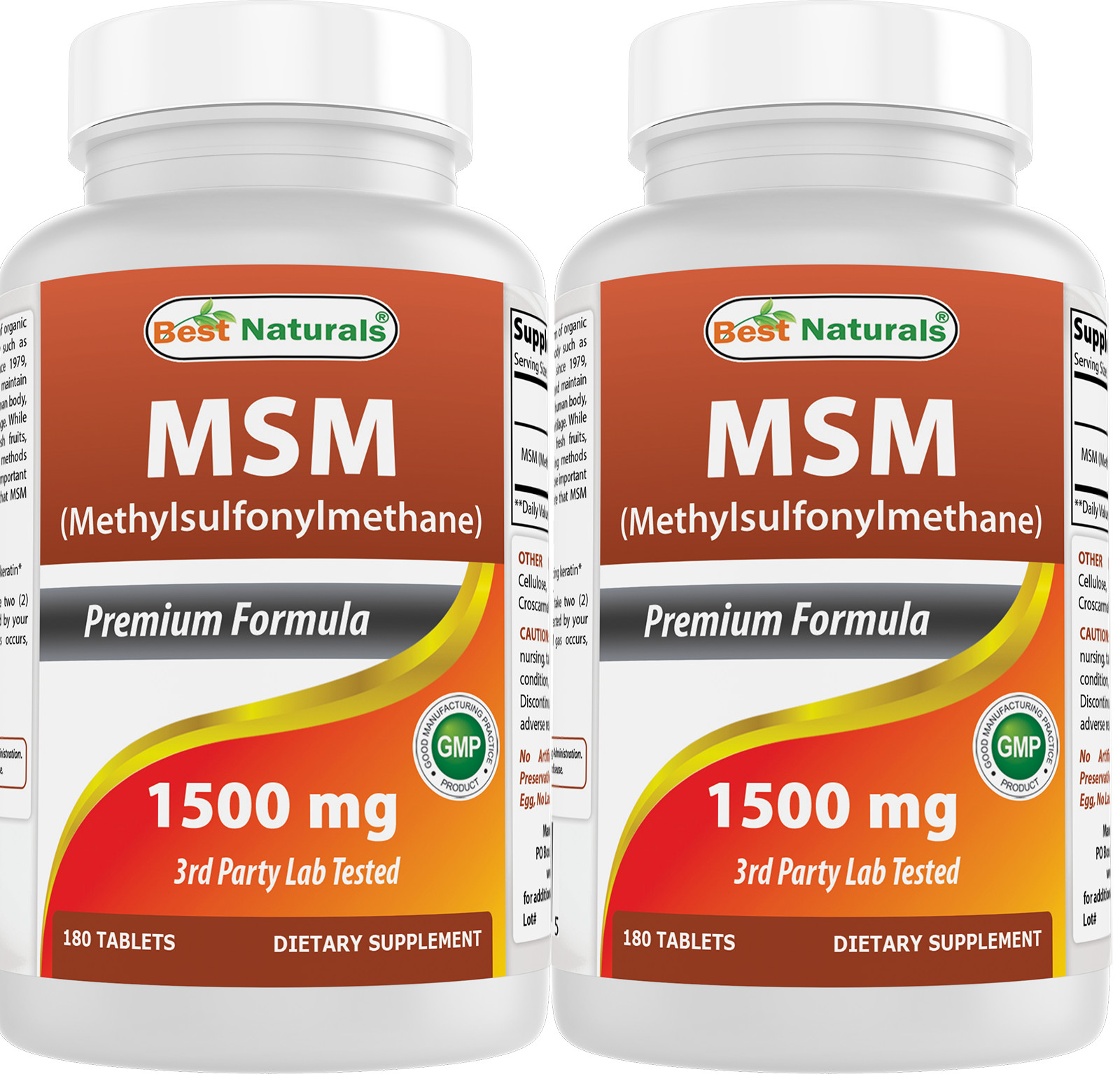 2 Pack Best Naturals MSM 1500 mg 180 Tablets