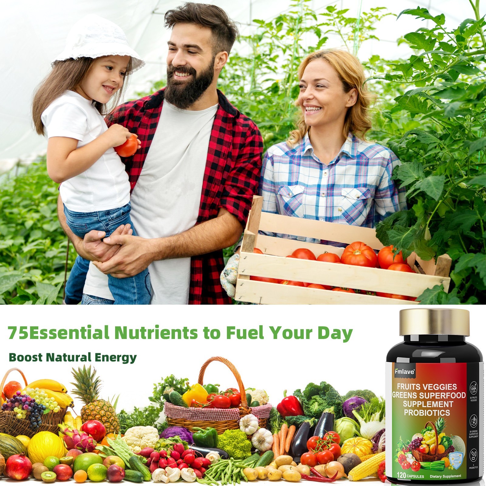 Fruits and Veggies Supplement | 120 Capsules | Non-GMO Vitamin Greens Probiotics