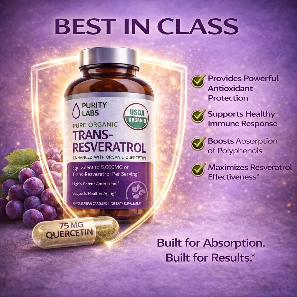 Purity Labs Pure Organic Trans Resveratrol Supplement with Quercetin, Vegan