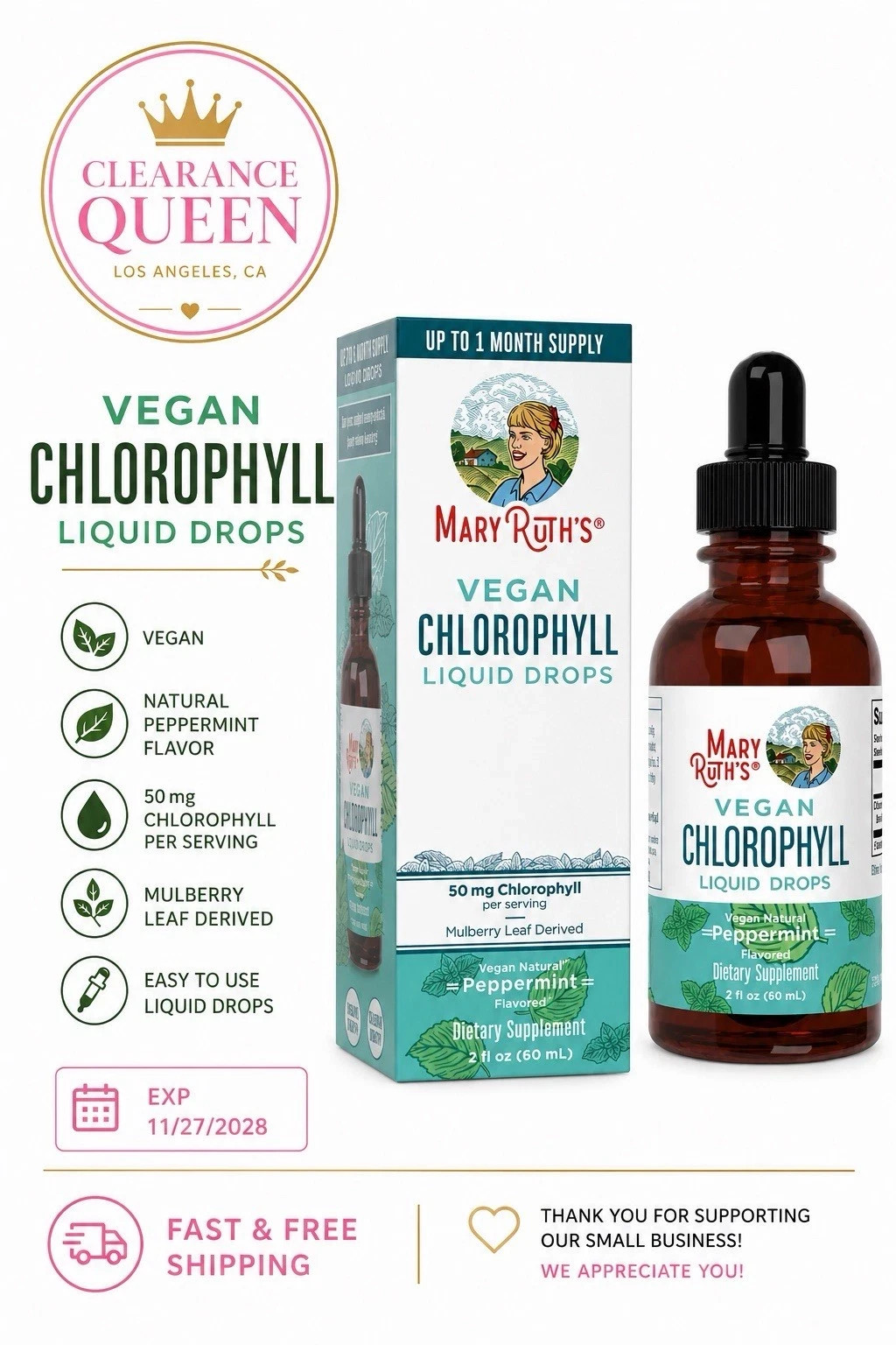 Mary Ruth’s Vegan Chlorophyll Liquid Drops Peppermint 50mg 2 FL OZ (60mL)