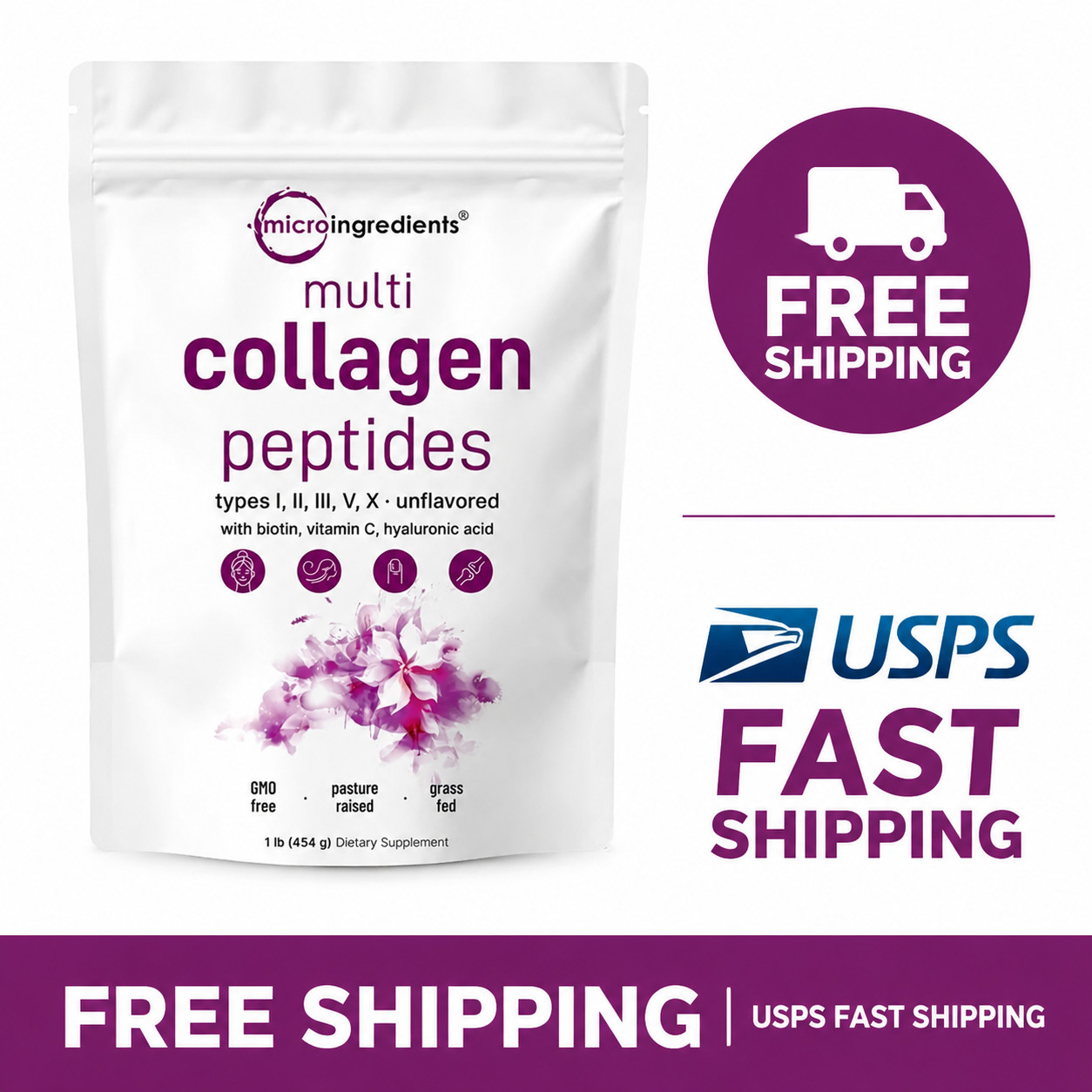 Micro Ingredients Multi Collagen Peptides–TypesI,II,III,V,X,1lb for Skin & Joint