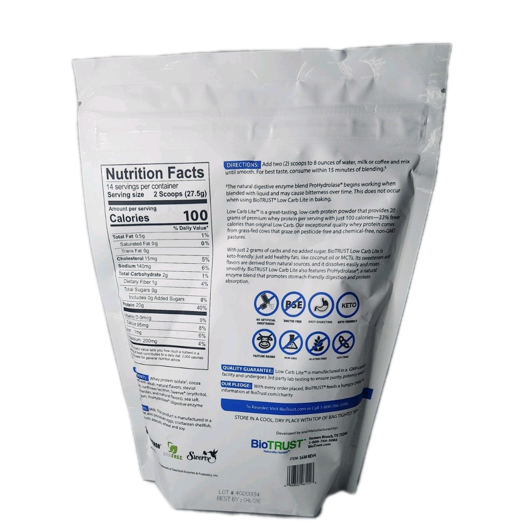 BioTrust Low Crb Lite Prem GrassFd Whey Prtn in Choc Ice Crm flav.13.50z BB 4/26