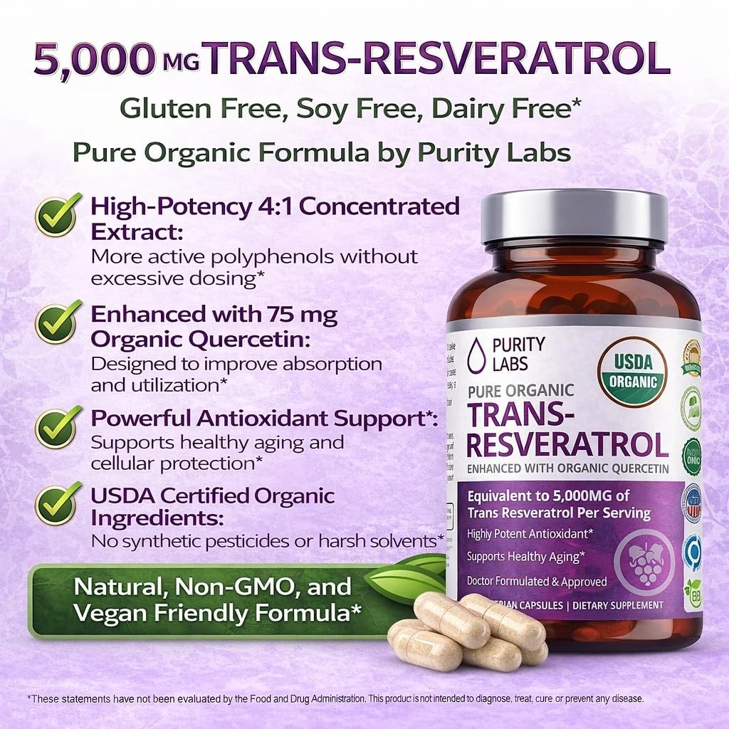 Purity Labs Pure Organic Trans Resveratrol Supplement with Quercetin, Vegan