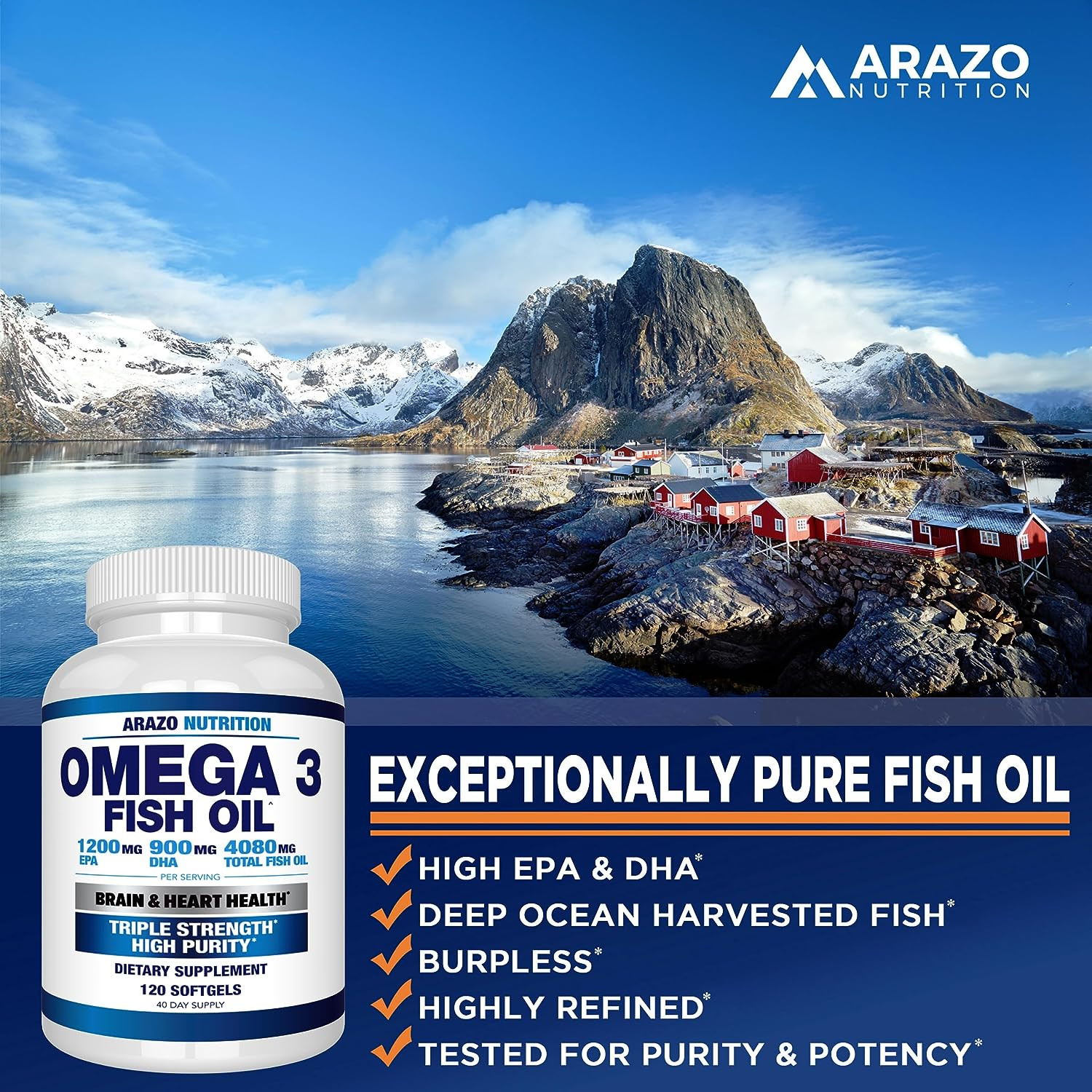 Arazo Nutrition Wild Caught Omega 3 Fish Oil – 120 Soft Gels – 4,080Mg High EPA