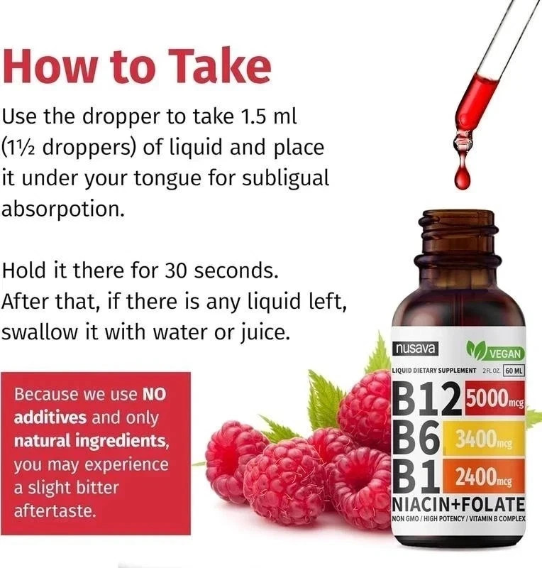 (2-Pack) Nusava B12 Drops 5000mcg – Vegan Liquid Supplement – Raspberry..